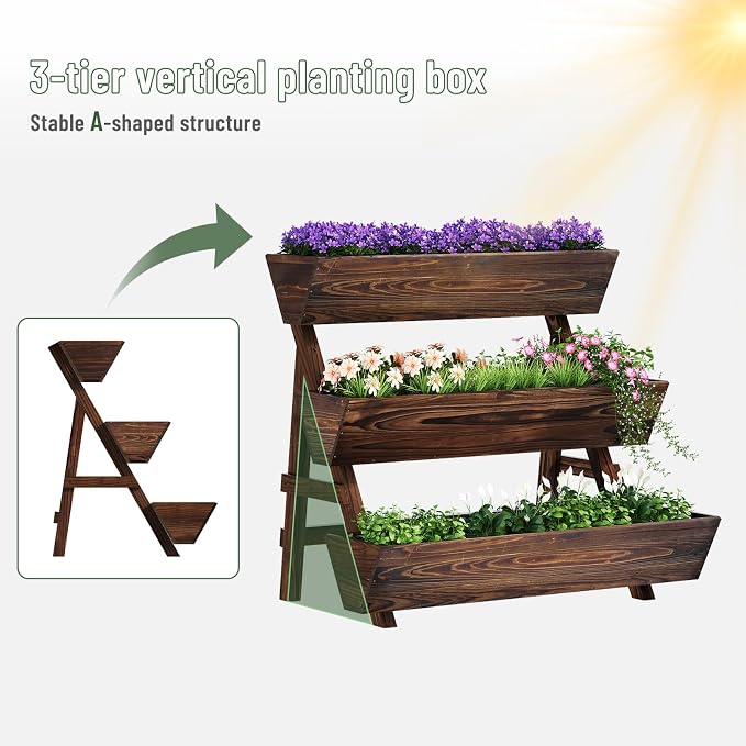 Vertical Wooden Raised Garden Bed, Garden Planters Freestanding Wood Plant Stand Flower Rack Wooden Planter Box for Plants Herbs Flowers Vegetables Outdoor Indoor Gardening (3-Tier Large Carbonized)
