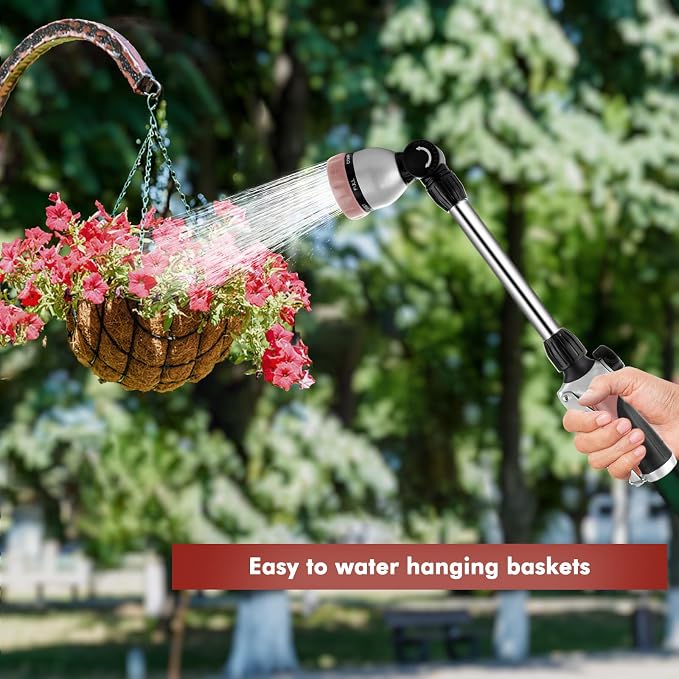 RESTMO Metal Watering Wand, Heavy Duty Garden Hose Wand with 180° Swivel Head, 16'' Hose Nozzle Sprayer with 7 Spray Patterns and Flow Control, for Water Hanging Baskets and Shrubs, Rose Gold