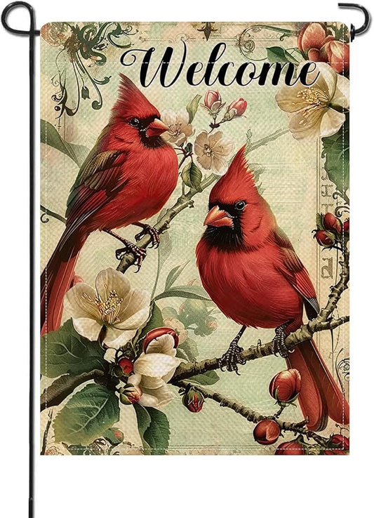 Artofy Welcome Cardinal Small Decorative Garden Flag, Vintage Red Birds Magnolia Flower Yard Lawn Outside Decor, Retro Spring Summer Floral Burlap Outdoor Home Decoration Double Sided 12 x 18