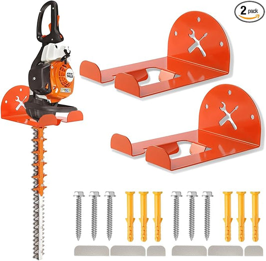 Upgraded Trimmer Rack Wall Mount - 8" Heavy Duty Weed Eater Hanger for Garage Wall, Garden Power Tool Holder Organizer Hooks for Grass Trimmer, Hedge Trimmer, Leaf Blower and Chainsaw, Orange, 2 Pack