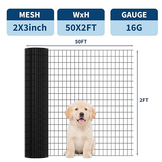 PVC Coated Welded Wire Fence,24 Inch x 50 Foot,16GA,Black Vinyl Coated Metal Wire Mesh Fencing Roll for Garden Border, Yard Vegetable Plant Protection and Poultry Netting