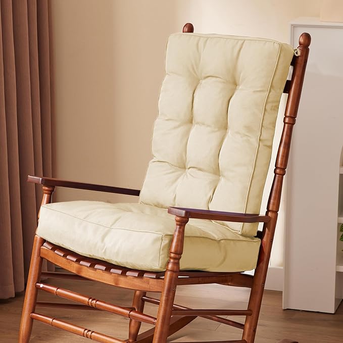 IPYNBAP Rocking Chair Cushion, Waterproof and Fade-Resistant Patio Chair Cushions, Tufted Chair Pads for Rocker Furniture, 17x17 Inch, Indoor/Outdoor Seat Cushions with Ties, Beige