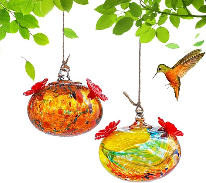 Set of 2 Hummingbird Feeders for Outdoors Hanging 3.2in Small Blown Glass Humming Bird Feeder for Window Humming Bird Feeders with 2 Flower Feeding Ports Decor for Outside Garden