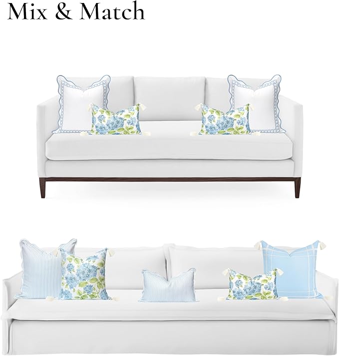 Hofdeco Premium Coastal Patio Indoor Outdoor Lumbar Pillow Cover Only, 12"x20" Water Repellent for Backyard, Couch, Baby Blue Green Print Sketch Hydrangea Flower