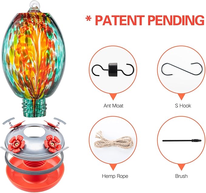 Muse Garden Glass Humming Bird Feeders for Outdoors - 27OZ Blown Glass Hummingbird Feeder - Unique Gift Mom Women, Outdoors Hanging Garden Decor, Includes Ant Moat & Brush, Emerald Peacock