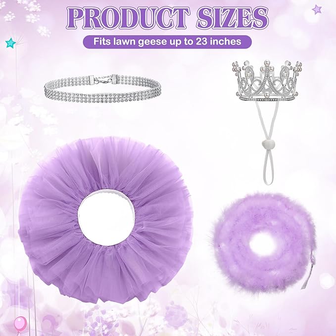 4 Pcs Princess Porch Goose Outfit for 23" 17" Cement Lawn Goose Costume Crown Necklace Tutu Skirt Feather Trim for Princess Outdoor Garden Lawn Art Decor(Purple)