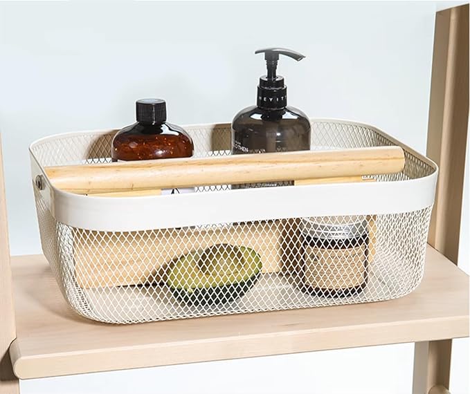 AJIODA Metal Mesh Steel Storage Basket, Garden Harvest Wire Organizer Basket Multi-functional Kitchen Fruit Basket with Wooden Removable Partition & Handle for Bath Picnic Decor Cabinet, Cream White