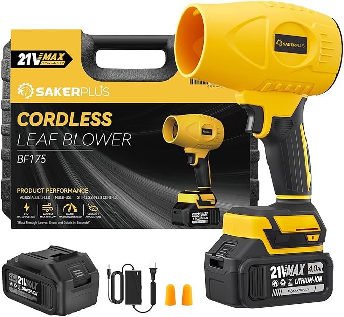 SakerPlus Cordless Leaf Blower, 180000 RPM Portable Dust Cleaner Cordless 4.0Ah Battery with Adjustable Speed for Patio Driveways Workshop Lawn Cleaning (2 Battery with Storage Case)