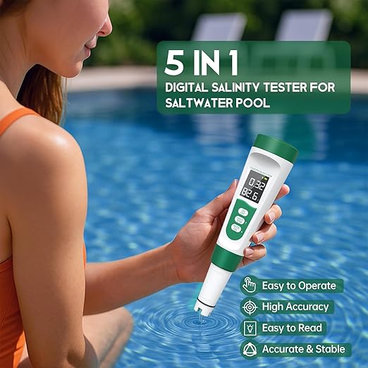 Salt Tester for Saltwater Pool & pH Meter,5 in 1 Digital Water Tester for Salinity,Temp,EC,TDS Meter for Pool Salt Tester,Hot Tubs & Spas,Hydroponics,Aquarium,Accurate & Reliable,Green
