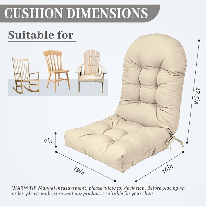 Rocking Chair Cushion Adirondack Chair Cushions with Non-Slip Ties, High Back Patio Chair Cushions,Fade-Resistant & Waterproof,Indoor/Outdoor Rocking Chair Pad for Living Room, Deck, Beige