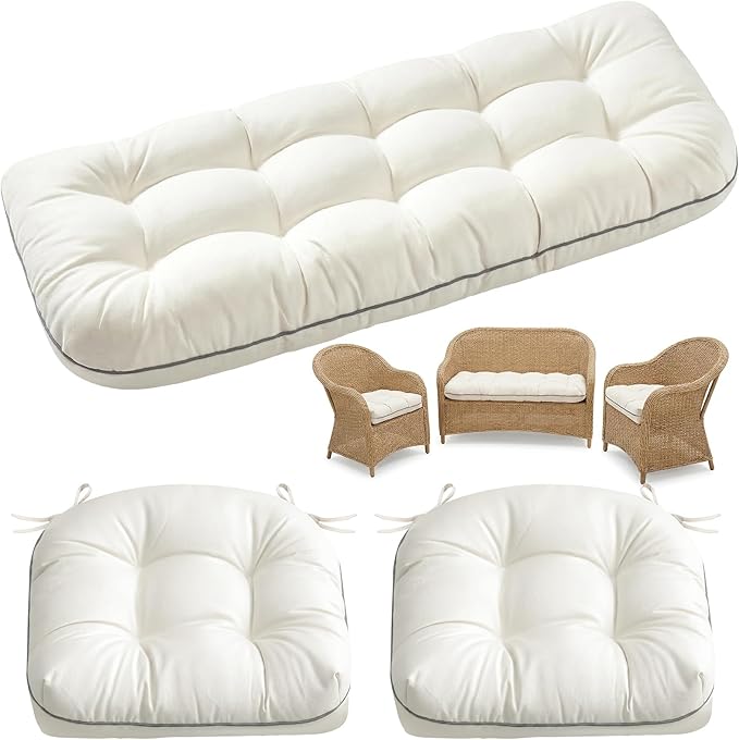 1 MIDDLE ONE Wicker Chair Cushions 3 Pieces Set for Outdoor Furniture, Replacement Patio Wicker Furniture Cushions, 1Pc Loveseat Cushion & 2Pcs Chair Cushions (Cream)
