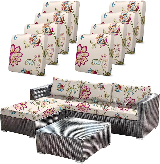 CALBODE 8pcs Single Seat Floral Print Outdoor Couch Cover, Waterproof Elastic Removable Half-Wrapped Sofa Seat Cushion, Suitable for Patio, Terrace, Garden Sofa Cushion