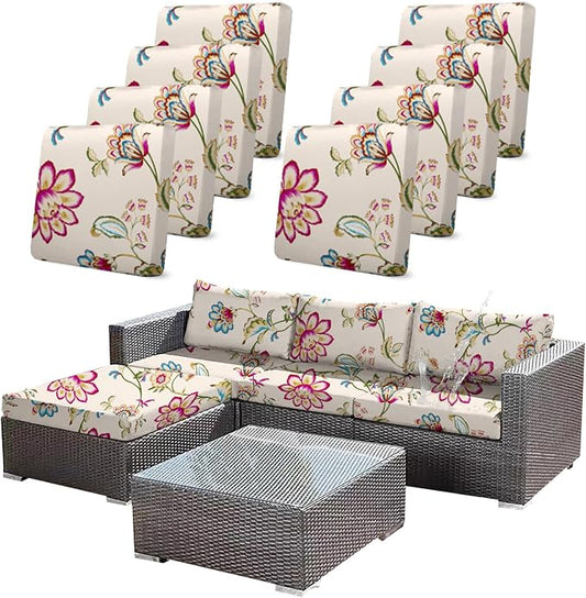 CALBODE 8pcs Single Seat Floral Print Outdoor Couch Cover, Waterproof Elastic Removable Half-Wrapped Sofa Seat Cushion, Suitable for Patio, Terrace, Garden Sofa Cushion