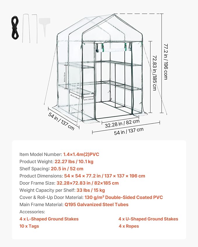VEVOR Walk-in Greenhouse, 54" x 54" x 77.2" Greenhouse for Outdoors with PVC Cover, 2 Tiers 10 Shelves, Roll-Up Zipper Door, Walk in Green House, Portable Plant Garden Hot House for Backyard Outside