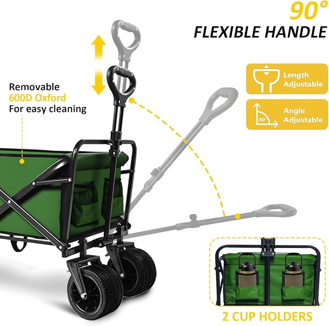 Foldable Wagon Cart, 300lbs Folding Utility Cart with All-Terrain Wheels, Collapsible Wagon for Gardening, Camping, Beach, Outdoor Use, Green