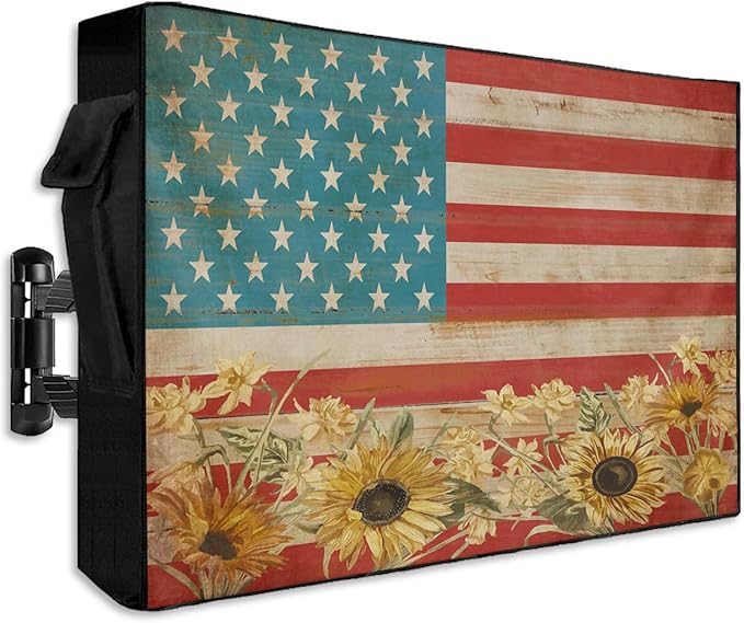 American Flag Outdoor TV Cover 40 to 43 Inch Weatherproof, Sunflowers Farmhouse 600D Oxford TV Covers with Waterproof Zipper, USA Flag Outside Flat TV Screen Protector Size 40"W x 25"H x 4.5"D