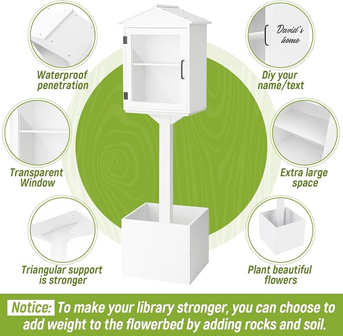 Wonderjune Little Library Box Outdoor, Durable Weatherproof Solid Wood Book Exchange Box with Floor Plugs and Small Flower Fence for Community, Literature, School Sharing Book(White,Steepletop)