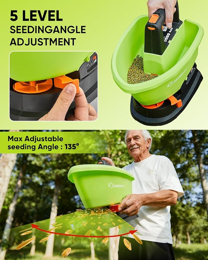 SAKERNEO Handheld Lawn Spreader - 7.2V Battery Powered Seed & 135° Fertilizer Spreader, 3L Large Capacity for 6400 Sq.Ft, 7 Settings & 5 Angles, Rechargeable Grass Seeder for Even Lawn Care