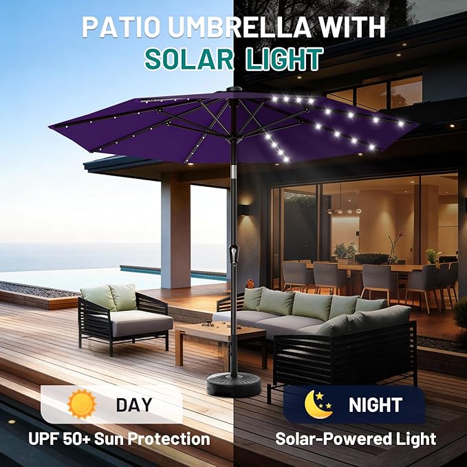 AreShark 9FT Patio Umbrella with Solar Lights, 32 Lighted Pool Umbrella w/Tilt and Crank, Outdoor Market Solar Umbrellas for Garden, Deck, Backyard, Pool and Beach, Purple