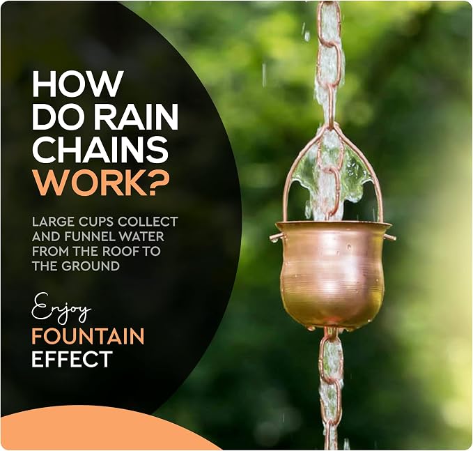 Copper Rain Chain – Decorative Chimes & Cups Replace Gutter Downspout & Divert Water Away from Home for Stunning Fountain Display – for Universal Fit