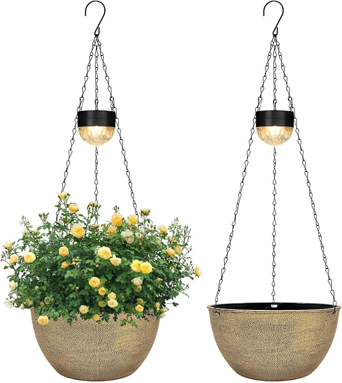 SUNNYPARK 2 Packs Hanging Planters Basket for Outdoor Plants, Solar Powered Self Watering Copper Round Plastic Flower Pots with Drainer for Balcony Patio Garden Outdoor Decoration