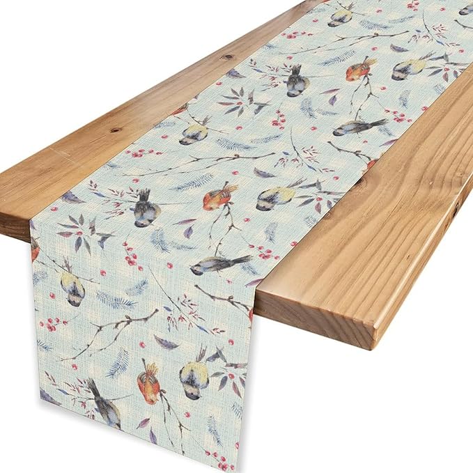 Floral Birds Branches Table Runner, Watercolor Blue Grid Leaf Seasonal Spring Country Coffee Table Center Decor for Kitchen Family Rustic Farmhouse and Living Room Table Decorations, 13" X 36"