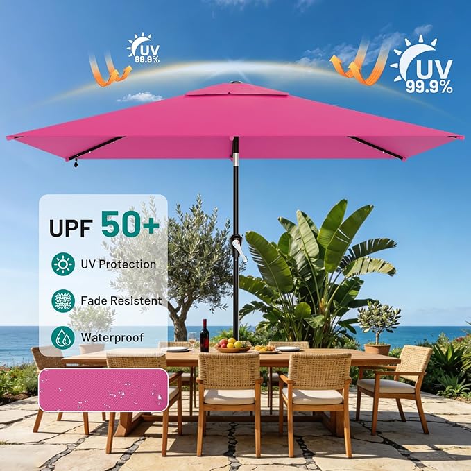 AreShark 6.5' x 10' Rectangular Patio Umbrella with Solar Lights, Solar Powered Lighted Market Umbrella w/Tilt and Crank, Outdoor Table Umbrella for Garden, Deck, Backyard, Pool and Beach, Rose Pink