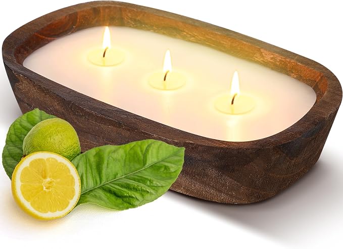 Threlaco 1 Pack 10 Inch Wood Dough Bowl Candles Home Rustic Dough Bowl Soy Candle 3 Wick Scented Candles Gifts for Men Women Farmhouse Table Centerpiece Home Decor for Christmas(Lemon Basil & Citrus)