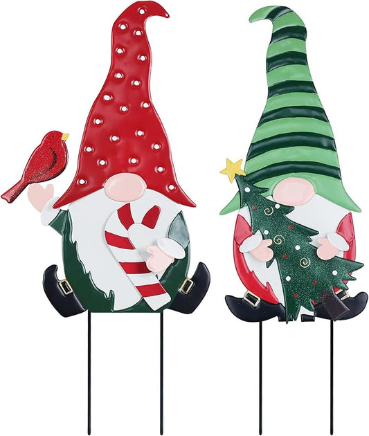 YEAHOME Outdoor Christmas Decorations, 2 Pack Gnomes Decorative Garden Stakes for Christmas Decor, Metal Yard Signs Xmas Decorations for Outside Garden Yard Lawn Porch Holiday Party
