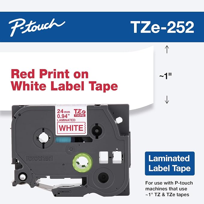 Brother Genuine P-Touch TZE-252 Tape, 1" (24 mm) Standard Laminated P-Touch Tape, Red on White, Laminated for Indoor or Outdoor Use, Water-Resistant, 26.2 ft (8 m), Single-Pack, TZE252, Large