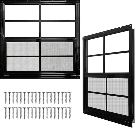 Yuzzy Shed Windows 2 Pack, Chicken Coop Windows 30" x 30" with Tempered Glass and Fiberglass Screen, Flush Mounted Small Window for Shed, Barns, Playhouse, Household, Garage (Black)