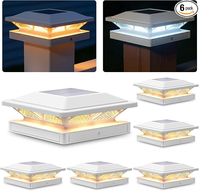 SIEDiNLAR Solar Post Cap Light 2 Modes 6 Pack, 3.5x3.5 4x4 4.5x4.5 5x5 Vinyl/Wooden Posts, Waterproof Outdoor Lighting for Fence Deck Patio Garden Decor, White/Warm (White)