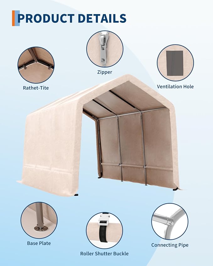 GarveeLife Outdoor Portable Storage Shed with Roll-Up Door & Vent, 240G Heavy-Duty Shelter Waterproof PE Tarp, UV-Resistant Storage Sheds for Motorcycle, Firewood, Garden and Tools (Khaki, 10'x15')