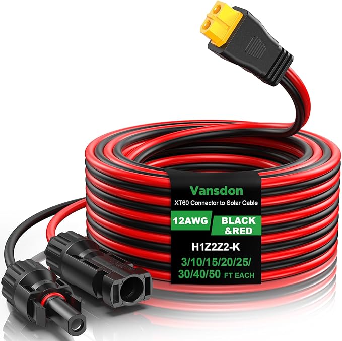 Vansdon 12AWG XT60 Solar Cable- Solar to XT60 Cable 3 10 15 20 25 40 50FT Charging Adapter for RV Power Station- 15Ft