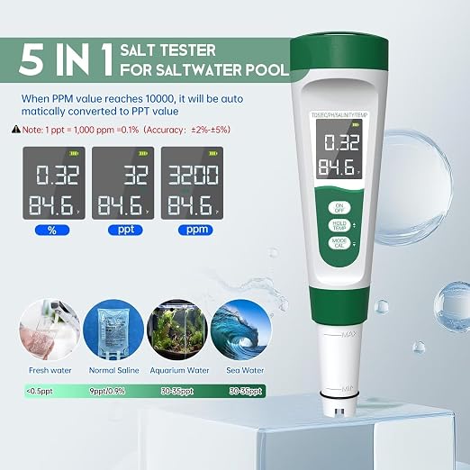 Salt Tester for Saltwater Pool & pH Meter, Digital Water Tester for Salinity,Temp,EC,TDS Meter for Pool Salt Tester,Hot Tubs & Spas,Hydroponics,Aquarium,Accurate & Reliable,5 in 1 Tester,Green