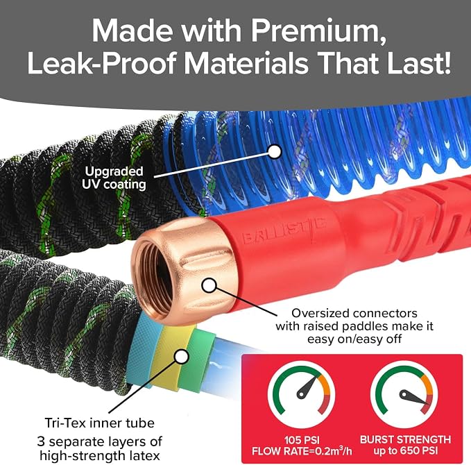 Pocket Hose Ballistic Double UV Edition 75 FT Expandable Garden Hose w/Pocket Pivot Swivel Connector, Anti-Burst Sleeve Reinforced w/Bulletproof Fiber, Lightweight, No-Kink, Compact, AS SEEN ON TV