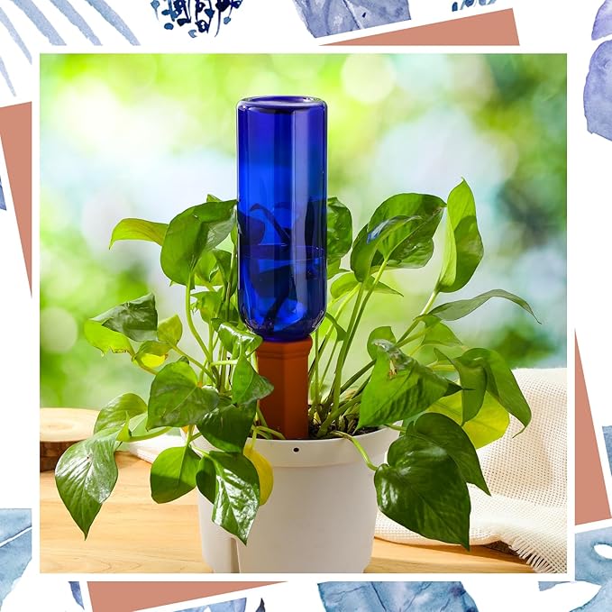 Teenyyou 12 Pcs Watering Spikes for Indoor Plants Include 6 Terracotta Self Watering Spikes Devices and 6 Pcs 26 oz Plastic Bottles Slow Release Vacation Insert Automatic(Blue)