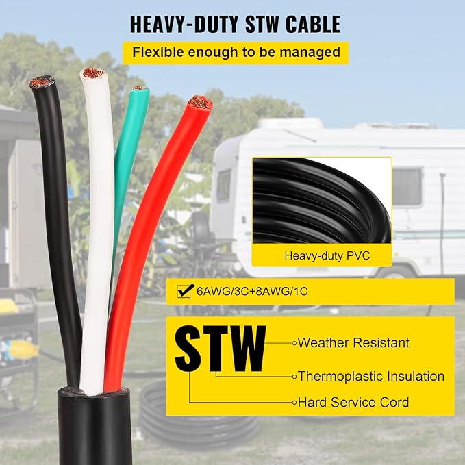 VEVOR 15-Foot 50 Amp Heavy Duty Generator Extension Cord, 6/3+8/1 Gauge STW, 125V/250V 4-Wire NEMA 14-50P to SS2-50R, 12500W Power Cord with Handle for RV, EV, Transfer Switch