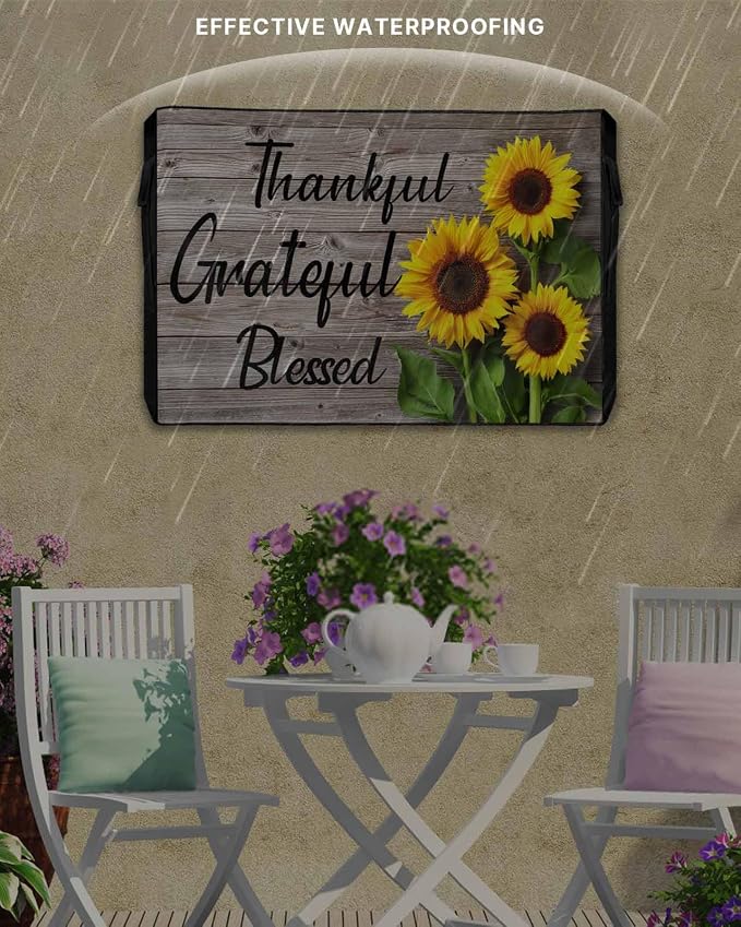 Rustic Wood Plank Outdoor TV Cover, Fit TV Size 52-55", Weatherproof and Waterproof, Oxford Cloths Cover for Outside, Blooming Sunflower Primitive Country Pattern