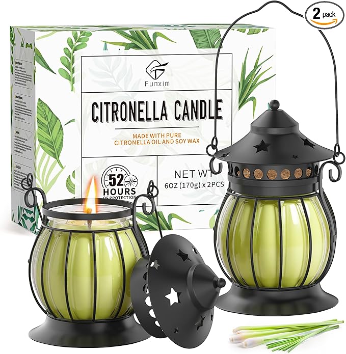 Citronella Candles Outdoor, 2 Pack 6oz Lemongrass Scented Soy Wax Candles with Vintage Metal Lantern Holder, Outdoor Candle for Patio Garden Camping Decor, Yellow Green Gift Set for Women