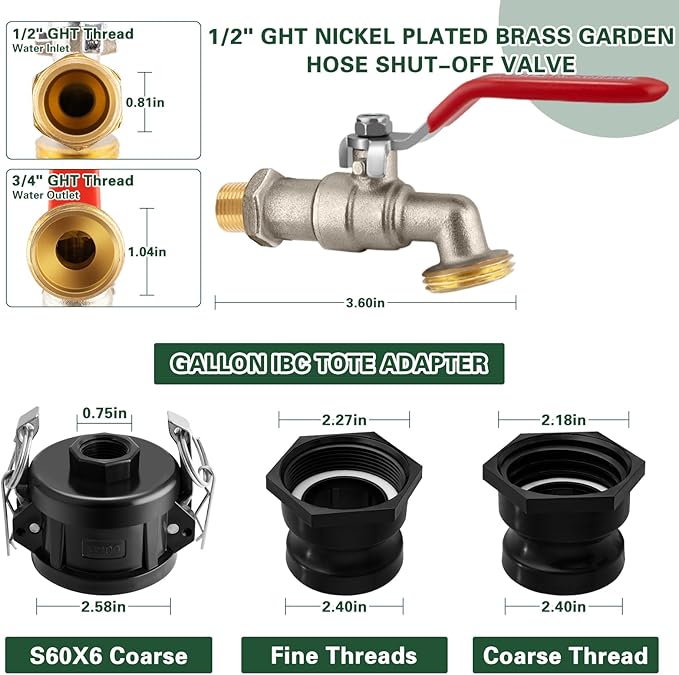 IBC Tote Adapter, 2" Cam Lock for 275-330 Gallon IBC Tote Tank with 2packs Groove Fittings, IBC Tote to Garden Hose Adapter with Nickel Plated Brass Hose Faucet (1/2" Male NPT Inlet ×3/4" Male GHT)