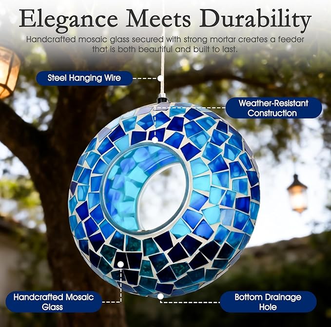 6 Inch Mosaic Glass Hanging Bird Feeder for Outdoors，Fly Through Bird Feeders for Wild Birds, Cute Seed Container with Round Shape for Backyard Window Garden Porch Decor, Ocean Blue Mosaic