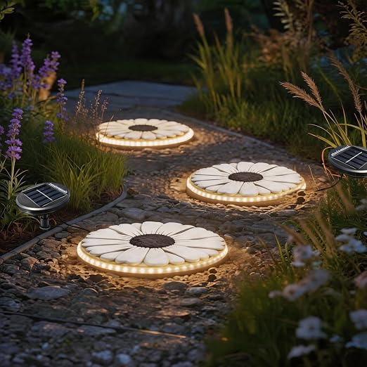 Solar Stepping Stones that Light Up at Night, 2 Pack 10" Cement Daisy Flower Garden Path Stone, Non-Slip Weather-Resistant Outdoor Yard Walkway Decor (White)