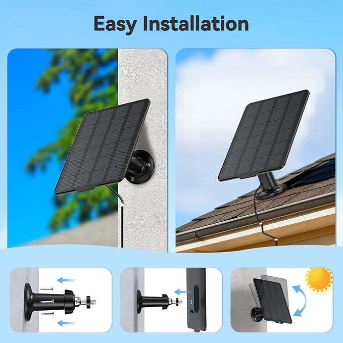 3W Solar Panel for Battery-Powered Security Cameras,USB-C & Micro USB Solar Charger for Wireless Outdoor Cameras,IP65 Waterproof, 9.8ft Cable, 360° Adjustable Mount (Black, 1 Pack)
