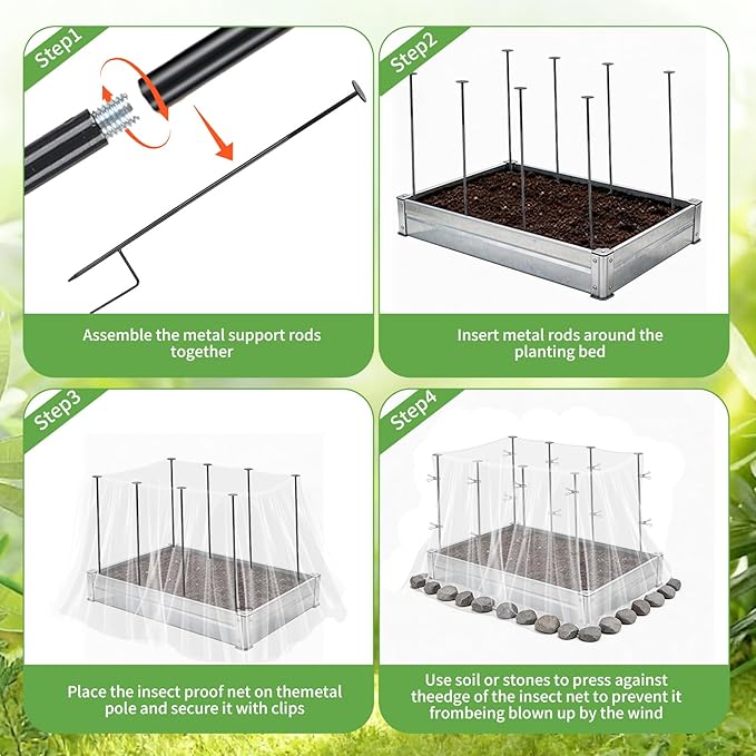 Metal Garden Netting Kit, 8 Pack 2.7ft Sturdy Outdoor Raised Beds Garden Stake Netting Support with 10'× 20' Durable Fine Insect Netting for Garden &16pcs Fixing Clips Plant Covers Set Pest Barrier
