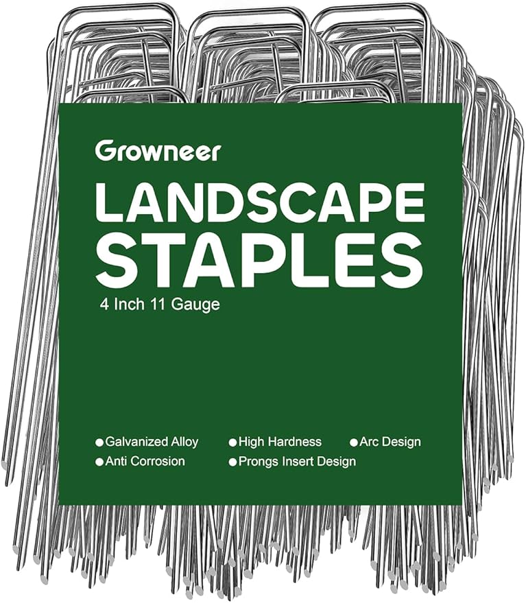 GROWNEER 50 Pack Landscape Staples 4 Inch 11 Gauge Heavy Duty Hot-Dip Galvanized Steel Garden Stakes U-Shaped Weed Barrier Spikes Metal Ground Pins for Lawn and Yard Landscaping