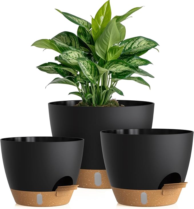 Self Watering Pots with Drainage Holes, 3 Pack 12/10/8 Inch Plant Pots with Water Level Indicator Deep Reservoir, Large Plastic Planter for Indoor Outdoor Plants - Black Brown