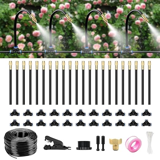 80FT Drip Irrigation System for Garden – Automatic Watering Kit with Solid Brass Metal Connectors, 360° Bendable Tubing &22 Adjustable Nozzles for Greenhouse, Lawn, Yard & Plants