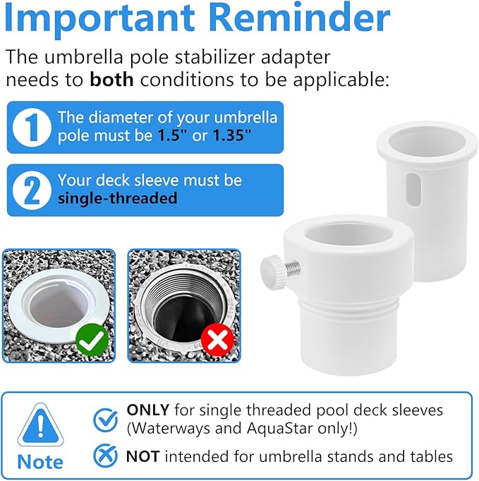 Pool Umbrella Pole Stabilizer Sleeve Adapter - Fit 1.5" & 1.35" Umbrellas Hole Holder Insert for Single-Threaded Baja Deck Pools Sleeves, Reducing Moving and Hold Umbrella in Place (White)