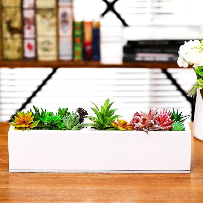 FillTouch 1 Pcs Long Rectangular Planter Box Window Sill Plant Box Metal Water Trough Indoor Large Modern Steel with Drainage Holes Herb Garden Home (16.1 x 3.2 x 3.5 Inch,White)